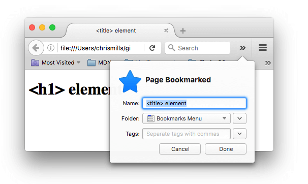 Une page web ajoutée aux marque-pages dans Firefox. Le nom du marque-page a été automatiquement rempli avec le contenu de l'élément 'title'