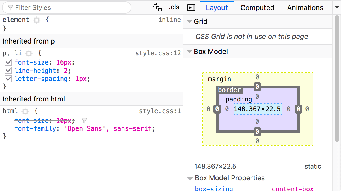 Un fragment du panneau CSS avec le panneau relatif à la mise en page qui peut être vu à côté de l'éditeur HTML dans les outils de développement. Par défaut, l'éditeur CSS affiche les règles CSS appliquée à l'élément en cours de sélection. Le panneau sur la disposition affiche les propriétés du modèle de boîte pour cet élément.