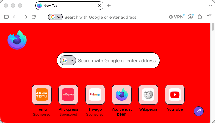 Firefox showing a new tab page. The background of the page is red.