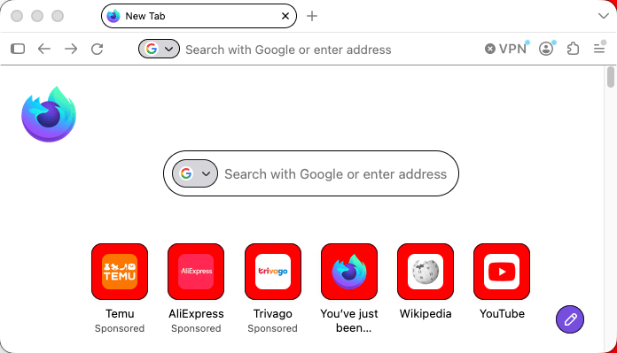 Firefox showing a new tab page. On the page, the background to the search bar and shortcut buttons is red.