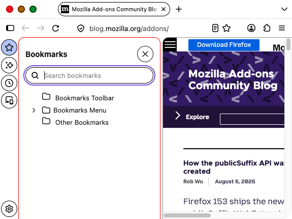 A closeup of the firefox browser bookmarks sidebar with a red horizontal separator between the sidebar title and the sidebar menu. The border and splitter color of the sidebar is red.