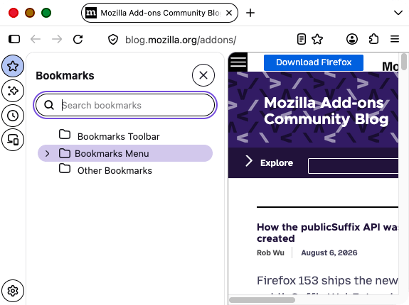 The bookmarks sidebar with a row highlighted. The highlighted row's label keeps the browser's default color rather than the red set by the theme.