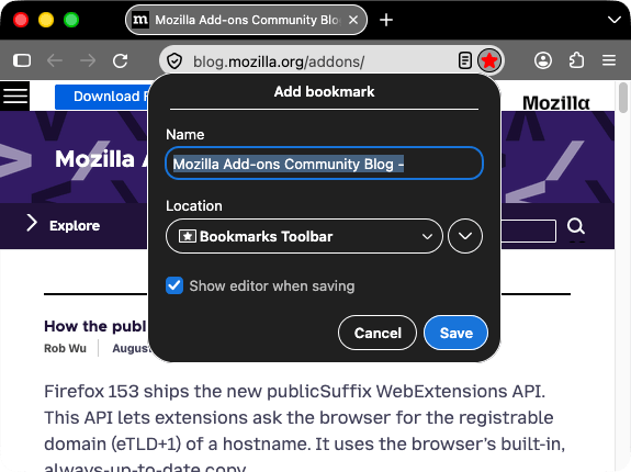 Browser firefox is black. Browser's tabs and URL bar are gray with white text. The bookmark this page icon is red and pressed, an open popup name edit this bookmark is displayed. While in attention state, the toolbar icons contrast well with the black background of the header area.