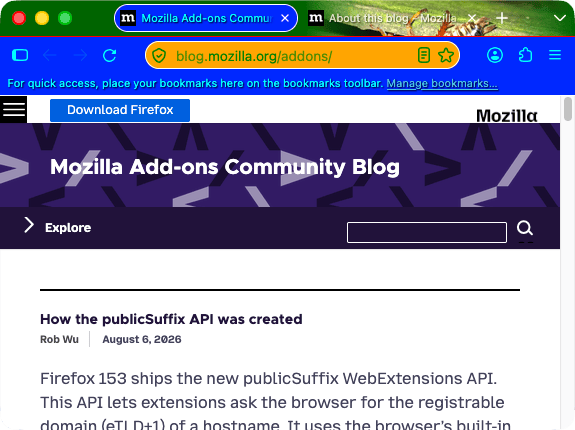 A browser window with two open tabs and dark green background color in the header area. The inactive tab has a white text color. The active tab and the toolbar have a blue background color with cyan-colored text. The URL bar has an orange background with white borders, a green text color and a white-colored vertical line separator. A red-colored line is used to separate the tabs on the top and a white line to separate the tabs from the content below them.