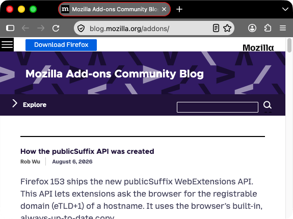 Browser firefox is black. Browser's tabs and URL bar are darker gray with lighter gray icons and white text. The selected tab has a red outline.