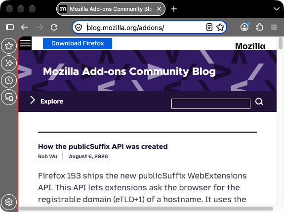 Browser Firefox is black with white tab text and the sidebar showing its icons. A red line runs along the top and left edges of the area holding the web page, separating that area from the toolbar above it and from the sidebar to its left.