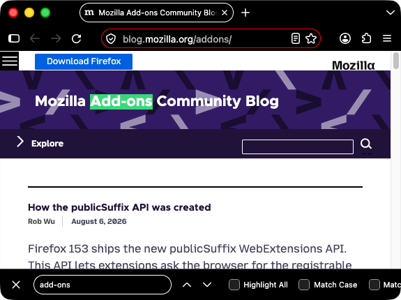 Browser firefox is black. Browser's tab, find in page and URL bar are black with white text and icons. The URL bar and find in page fields are outlined in red.