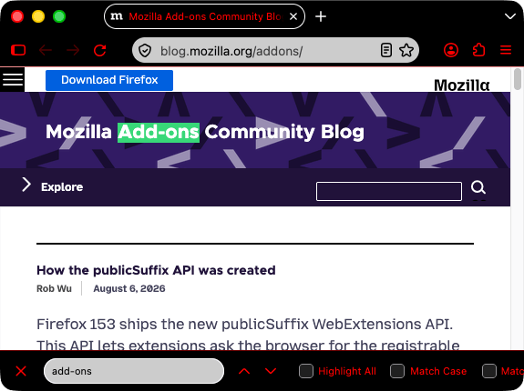 A screenshot of a browser window with one open tab. Browser is black. Browser's tab, find in page bar, and URL bar are black with red text and icons. The text inside the active tab, the navigator bar and the find bar is red.