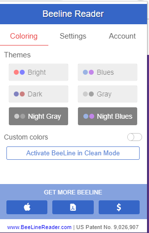 Capture d'écran montrant les modes de Beeline Reader ajustables dans le navigateur