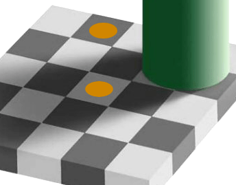 Un damier où des couleurs identiques paraissent différentes selon l'ombre