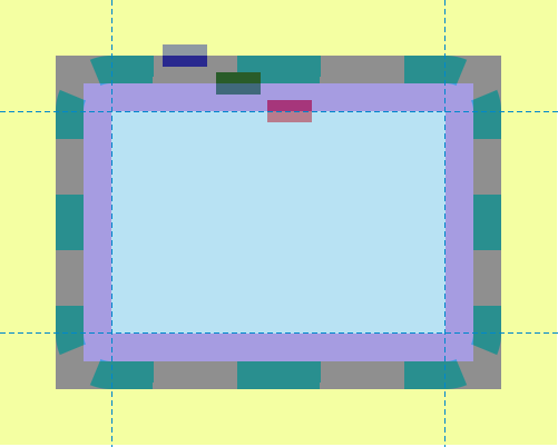 Le rectangle bleu se trouve sur le bord extérieur de la boîte de bordure, le rectangle vert est sur le bord intérieur de la bordure, qui est le bord extérieur de la boîte de remplissage, et le rectangle rouge est sur le bord extérieur de la boîte de contenu.