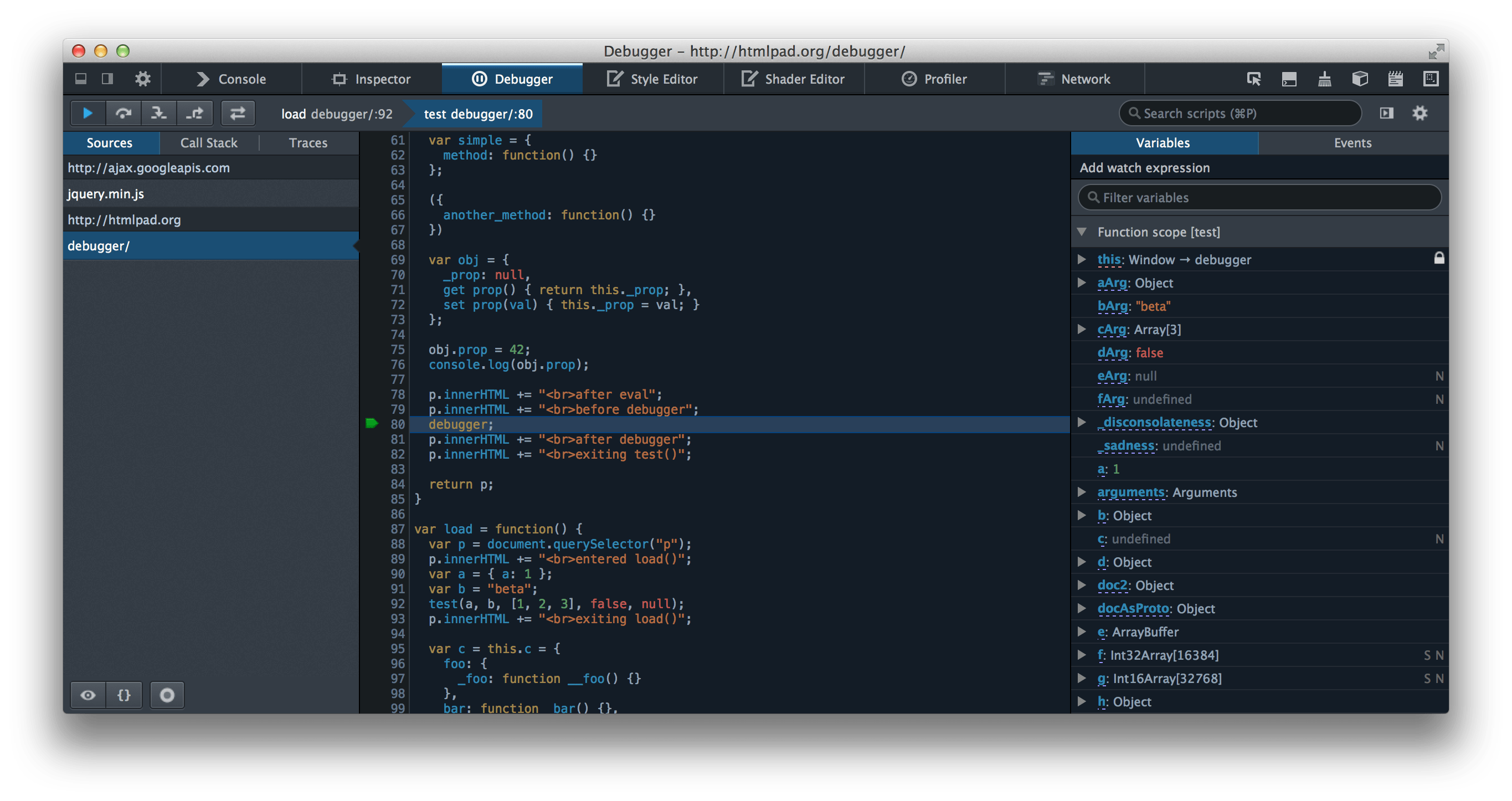 Pause sur une instruction debugger.