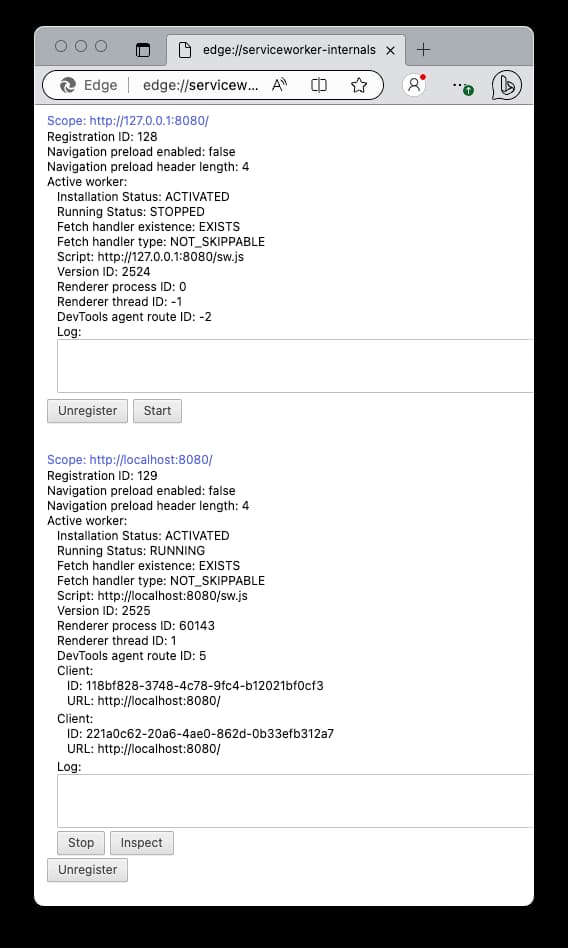 Capture d'écran de la fenêtre listant tous les service workers, on voit deux service workers qui existent pour localhost:8080. On peut les désinscrire à partir de cette fenêtre