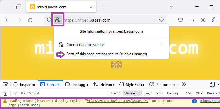 Capture d'écran de la console web affichant l'avertissement d'affichage pour une image de contenu mixte.